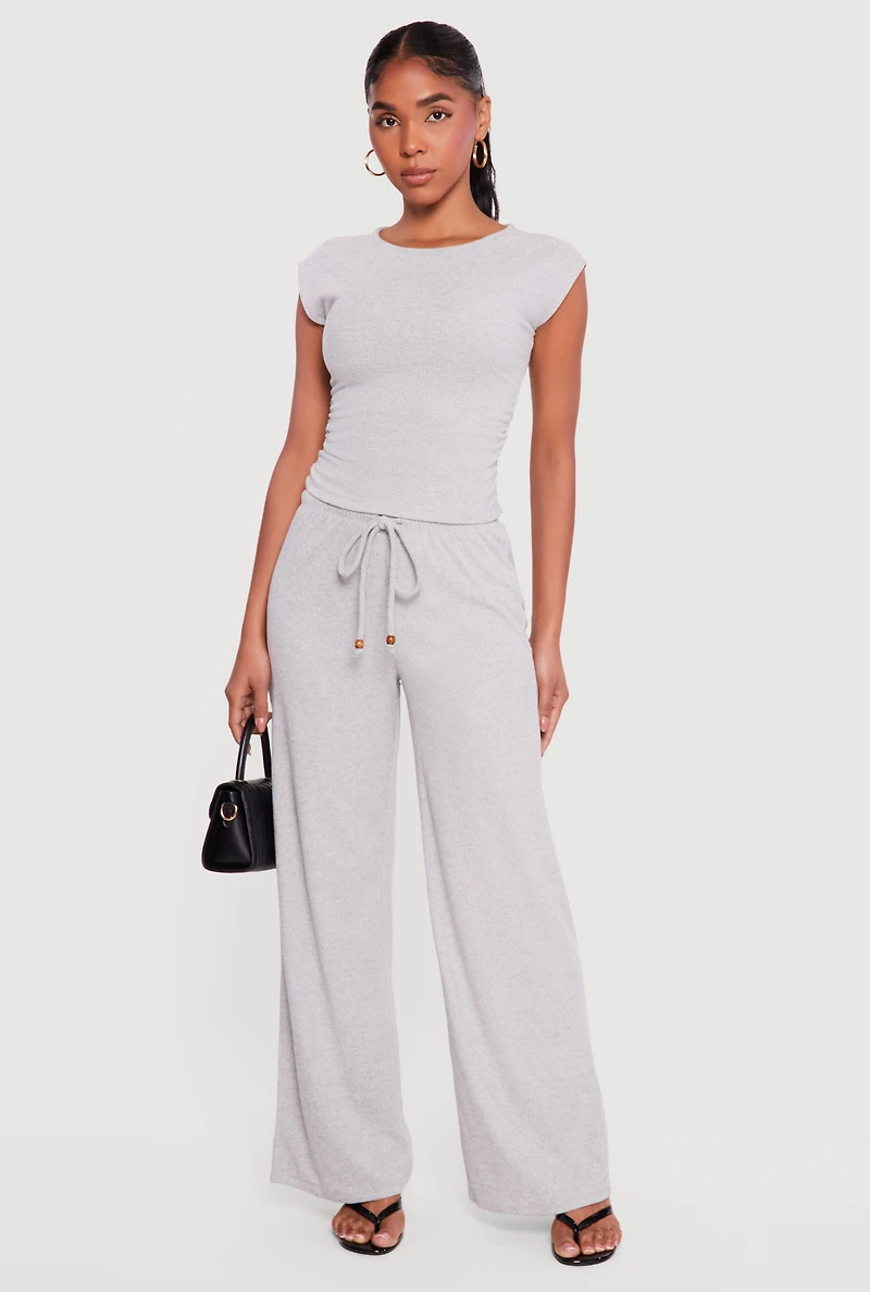 Brushed Ribbed Knit Ruched Cap Sleeve Top