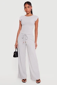 Brushed Ribbed Knit Ruched Cap Sleeve Top