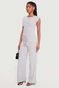 Brushed Ribbed Knit Ruched Cap Sleeve Top