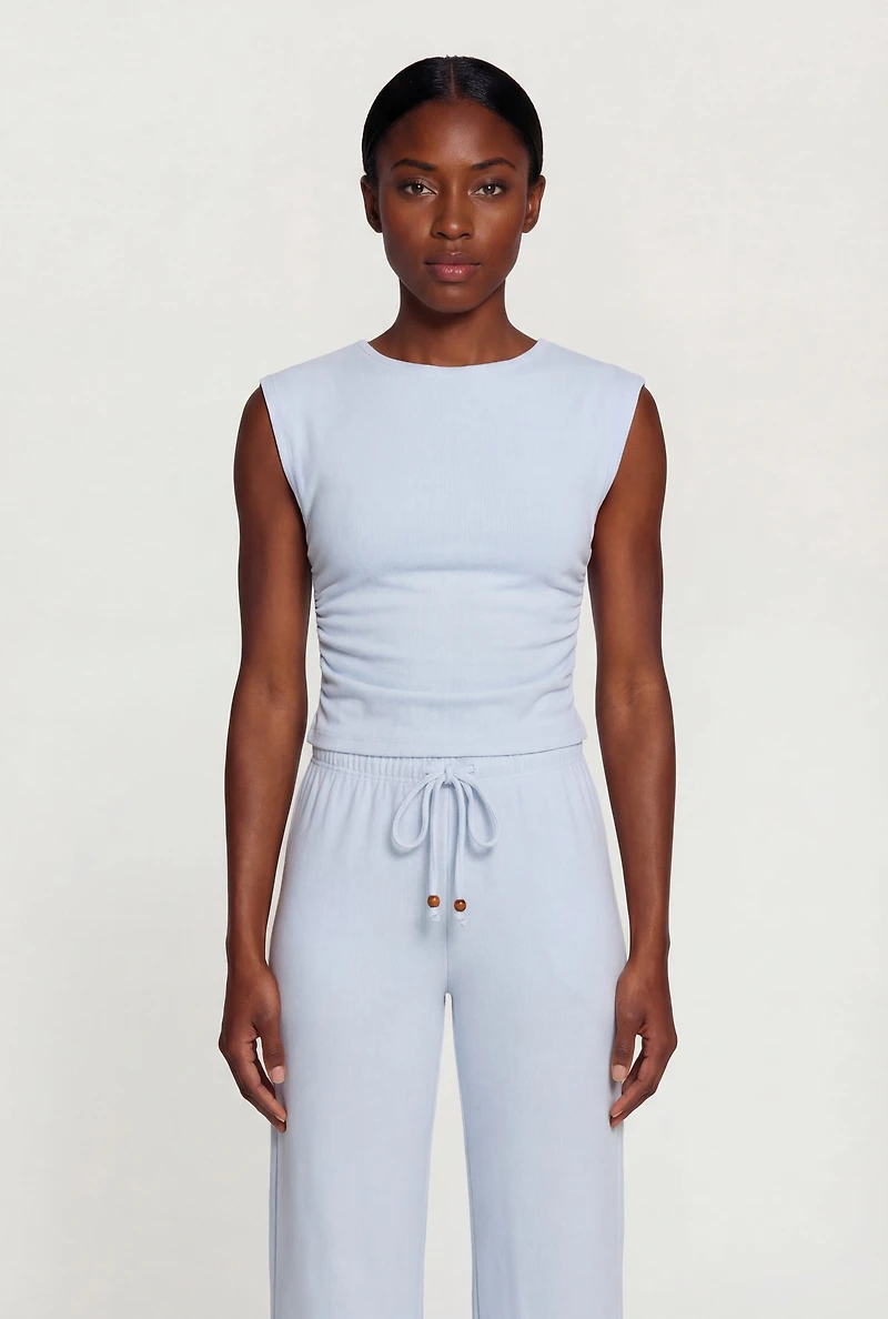 Brushed Ribbed Knit Ruched Cap Sleeve Top