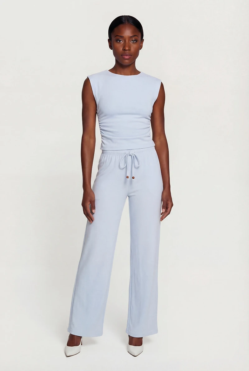 Brushed Ribbed Knit Ruched Cap Sleeve Top