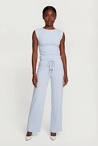 Brushed Rib Knit Drawstring Waist Wide Leg Pants