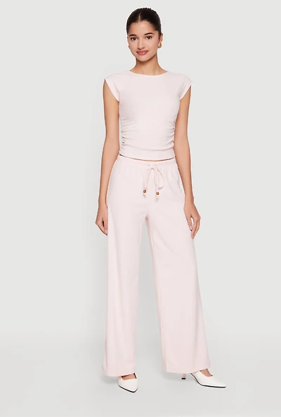 Brushed Rib Knit Drawstring Waist Wide Leg Pants