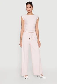Brushed Rib Knit Drawstring Waist Wide Leg Pants