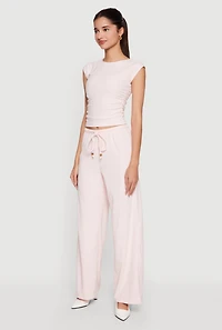Brushed Rib Knit Drawstring Waist Wide Leg Pants
