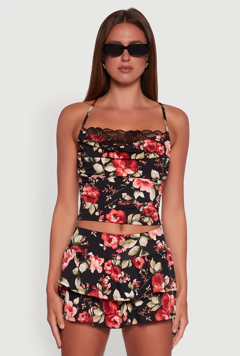 Womens Haute Monde Floral Print Lace Detail Crop Top, S