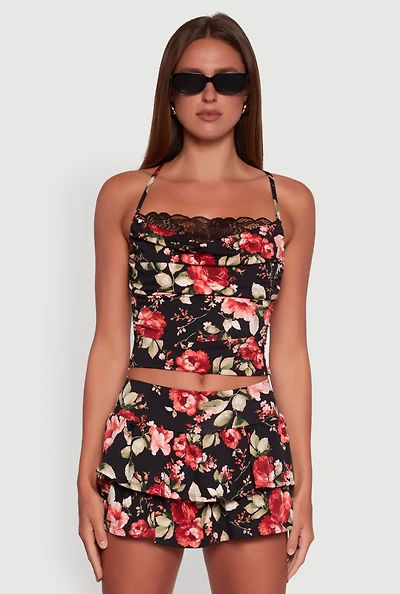Womens Haute Monde Floral Print Lace Detail Crop Top, S
