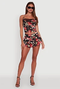 Haute Monde Floral Print Lace Detail Crop Top