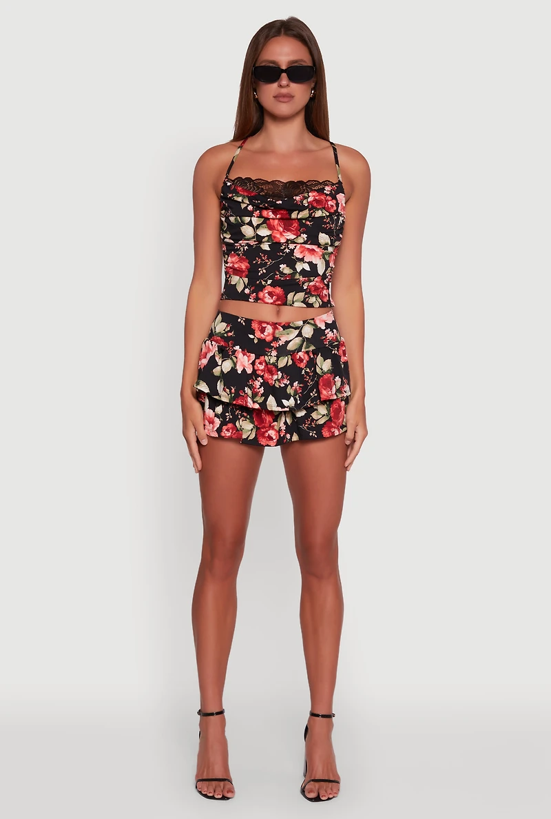 Haute Monde Floral Print Lace Detail Crop Top