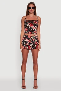 Haute Monde Floral Print Lace Detail Crop Top