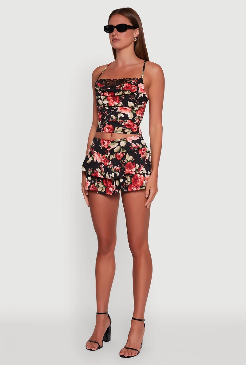 Womens Haute Monde Floral Print Lace Detail Crop Top, Multi, Size S