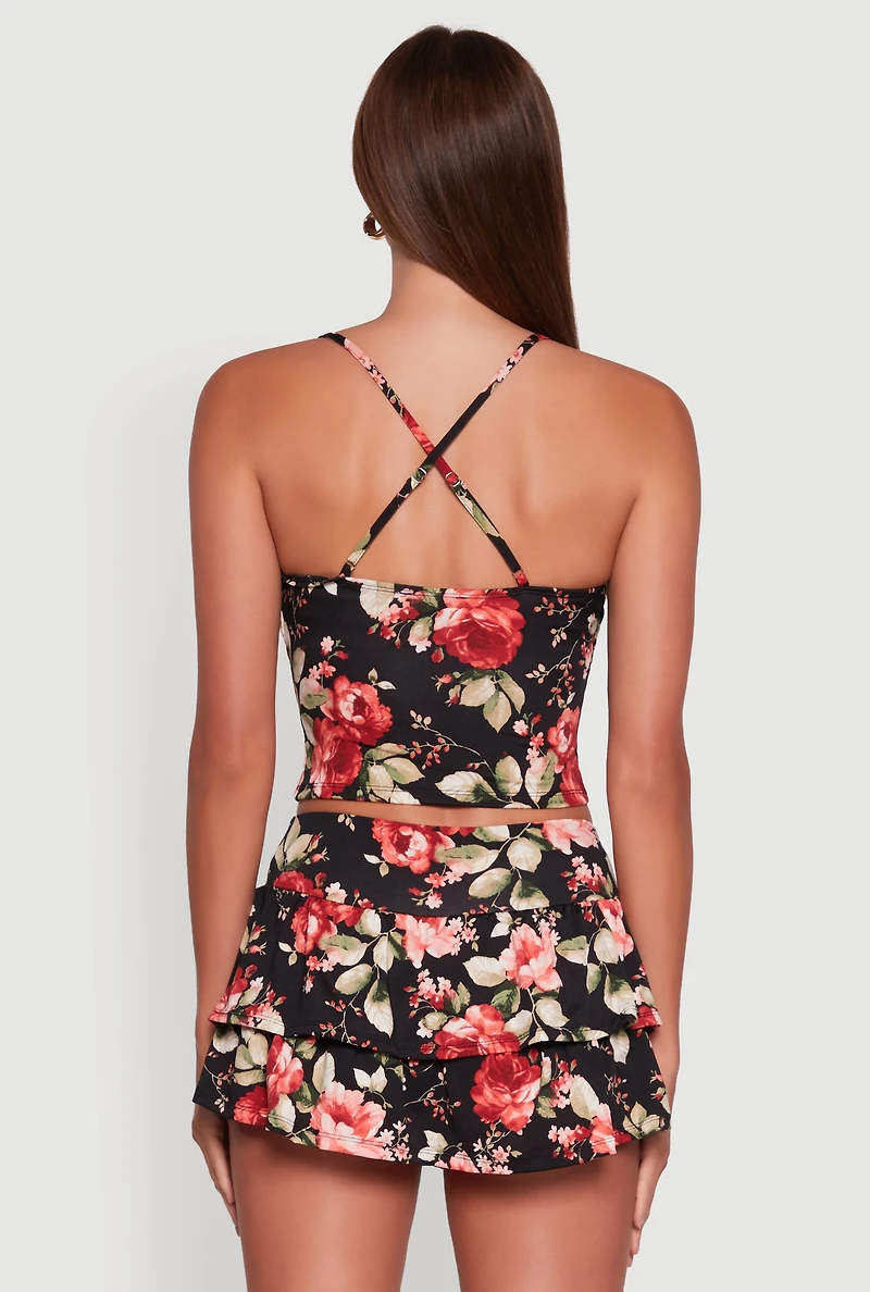 Womens Haute Monde Floral Print Lace Detail Crop Top, Multi, Size M