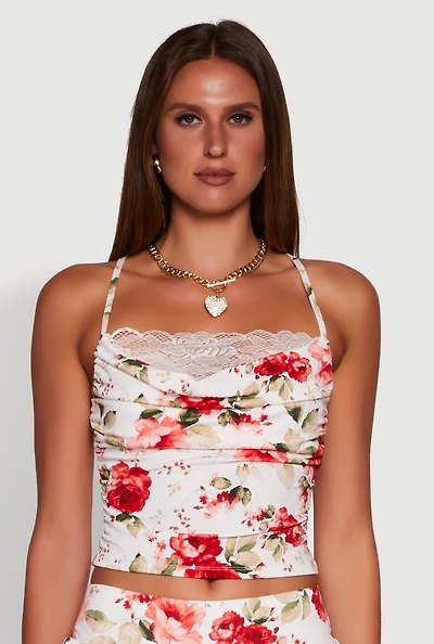 Womens Haute Monde Floral Print Lace Detail Crop Top, Multi, Size L