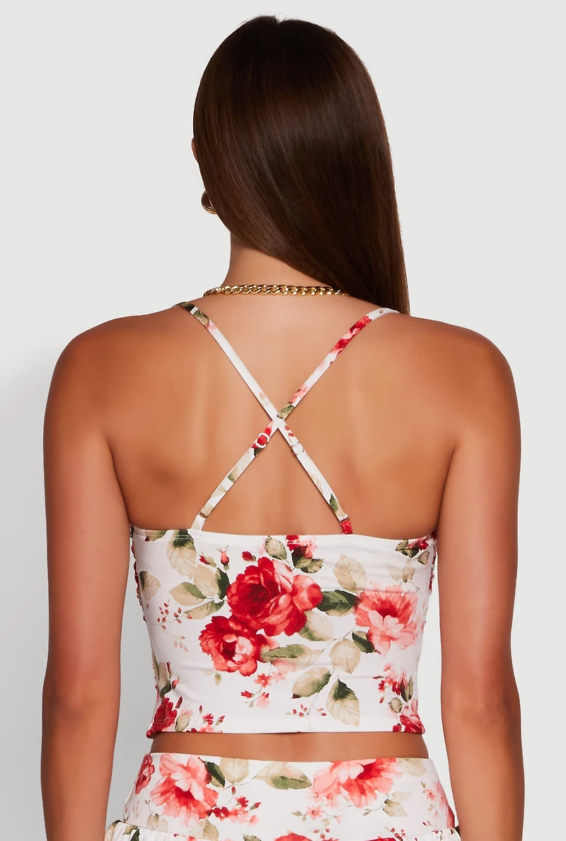 Womens Haute Monde Floral Print Lace Detail Crop Top, Multi, Size L
