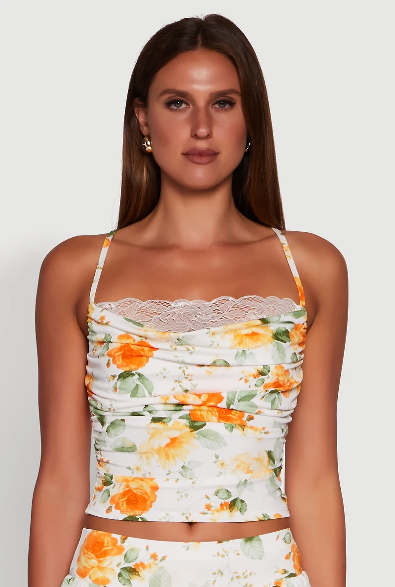 Haute Monde Floral Print Lace Detail Crop Top
