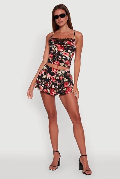 Womens Floral Ruffle Tiered Skort, Multi, Size S