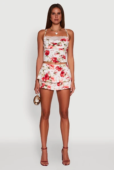 Womens Floral Ruffle Tiered Skort, Multi, Size S