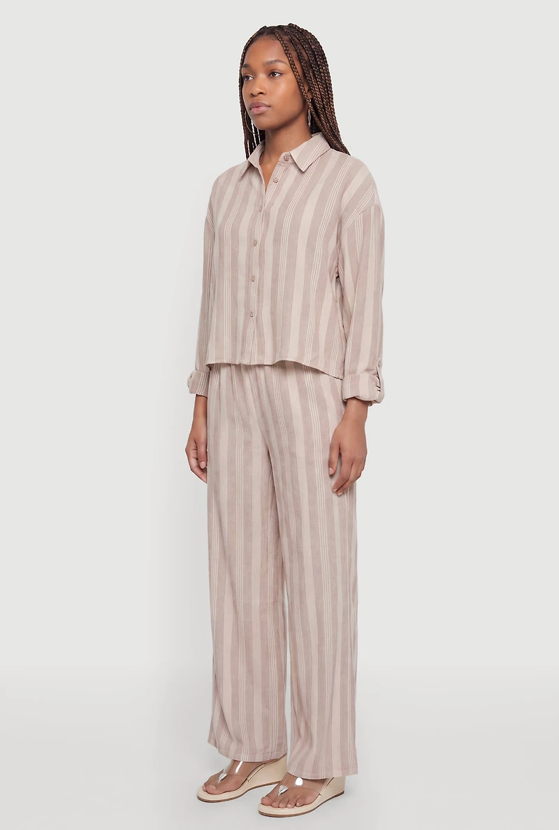 Striped Button Front Tab Long Sleeve Shirt