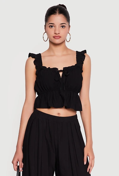 Ruffle Strap Tie Front Crop Peplum Top