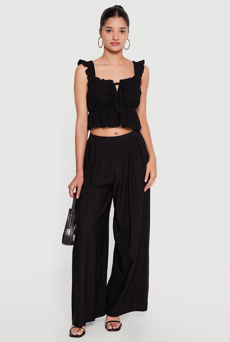 Ruffle Strap Tie Front Crop Peplum Top
