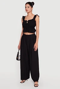 Ruffle Strap Tie Front Crop Peplum Top
