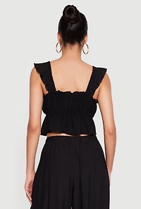 Ruffle Strap Tie Front Crop Peplum Top