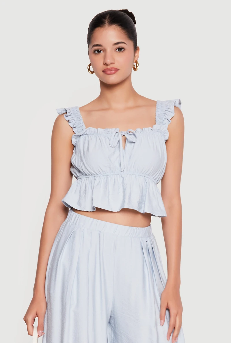Ruffle Strap Tie Front Crop Peplum Top