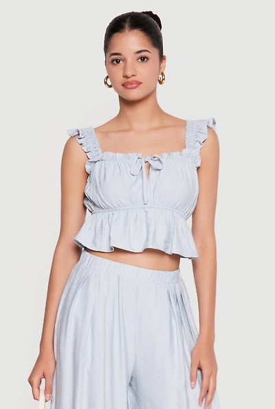 Ruffle Strap Tie Front Crop Peplum Top