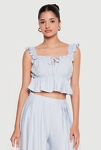 Ruffle Strap Tie Front Crop Peplum Top