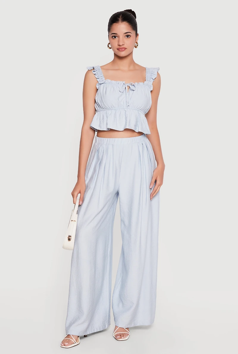 Ruffle Strap Tie Front Crop Peplum Top