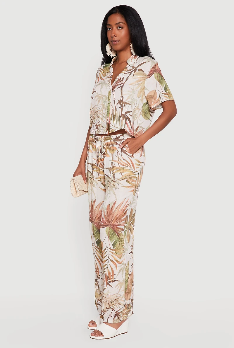 Leaf Patterned Cropped Button Front Shirt