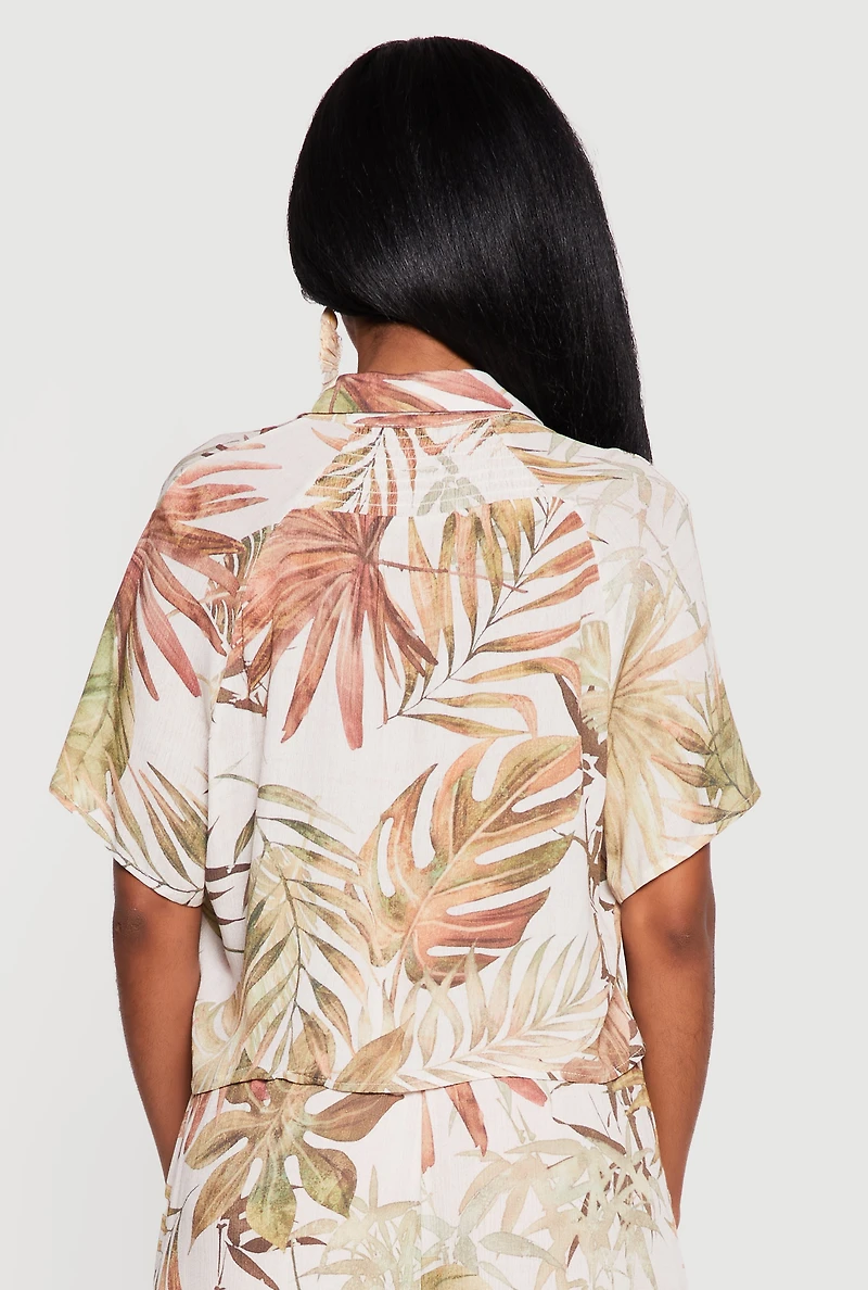 Leaf Patterned Cropped Button Front Shirt