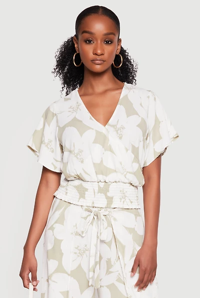 Floral Smocked Faux Wrap Blouse with Flutter Sleeves
