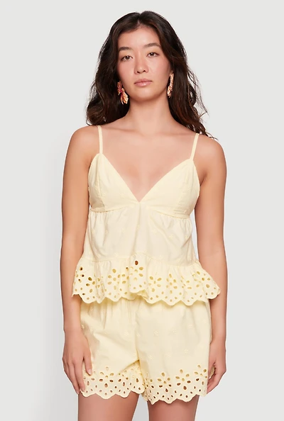 Scalloped Eyelet Trim Embroidered Babydoll Top