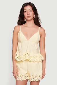 Scalloped Eyelet Trim Embroidered Babydoll Top