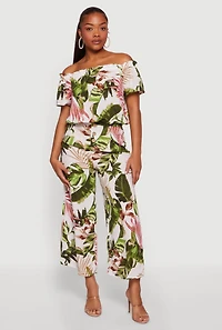 Leaf Print Faux Button Wide Leg Pants