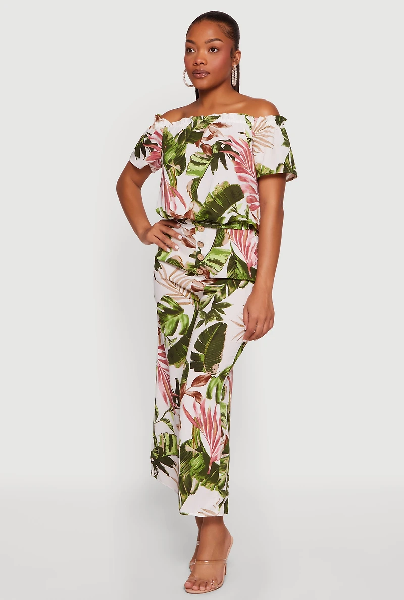 Leaf Print Faux Button Wide Leg Pants