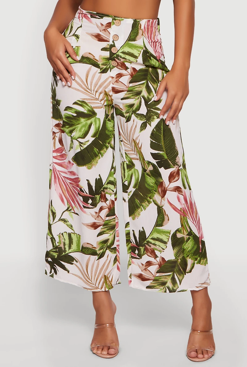 Leaf Print Faux Button Wide Leg Pants