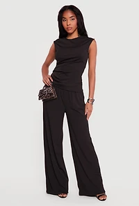 Rib Knit Beaded Drawstring Waist Pull On Pants