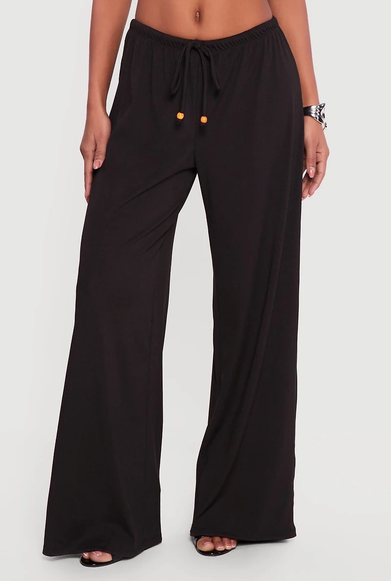 Rib Knit Beaded Drawstring Waist Pull On Pants