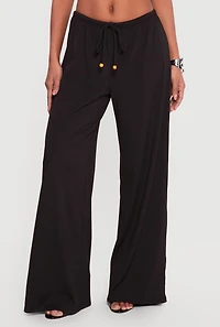 Rib Knit Beaded Drawstring Waist Pull On Pants