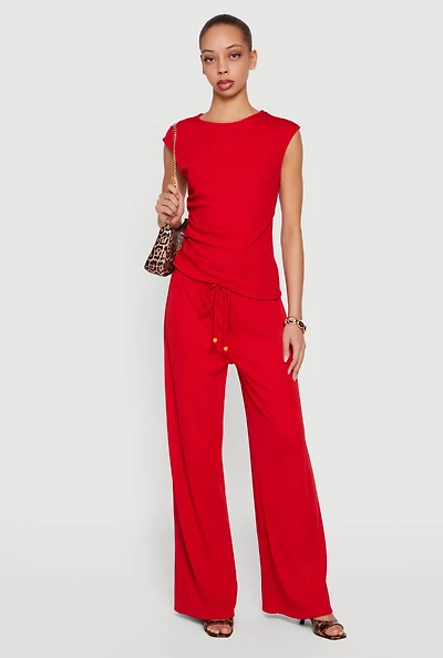 Rib Knit Beaded Drawstring Waist Pull On Pants