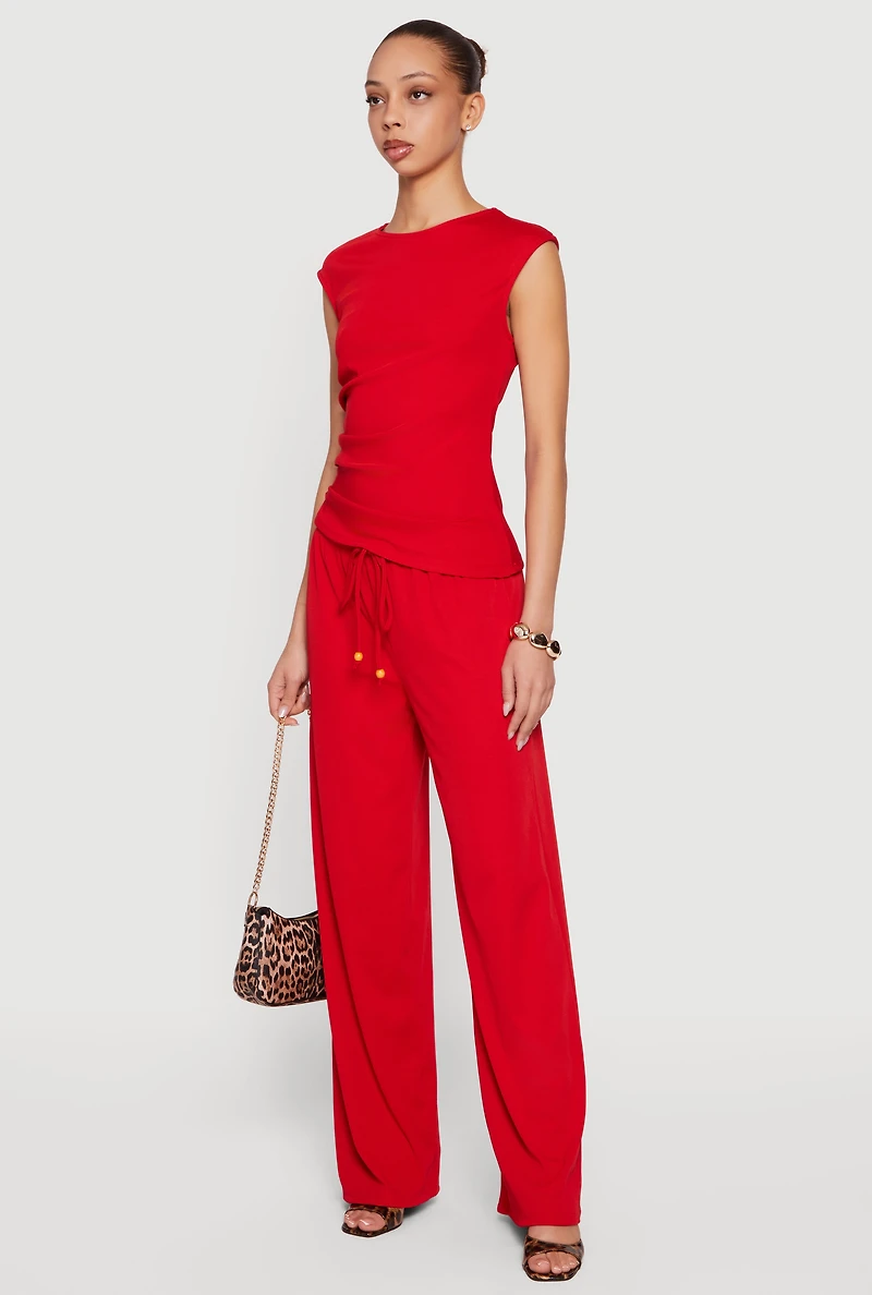 Rib Knit Beaded Drawstring Waist Pull On Pants