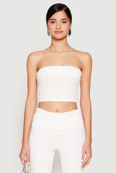 Womens Haute Monde Fold Over Tube Top, White, Size L