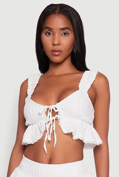Womens Haute Monde Lace Detail Crop Top with Tie Front, White,