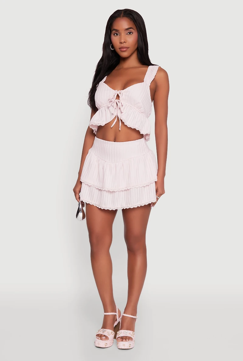 Womens Haute Monde Lace Detail Crop Top with Tie Front, Pink, Size S