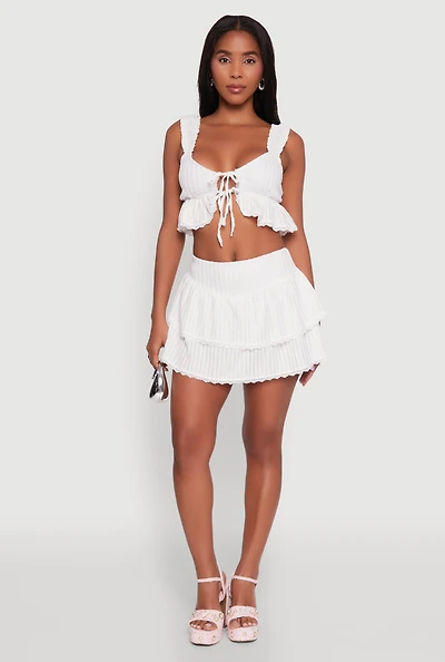 Womens Haute Monde Shadow Stripe Tiered Skirt with Lace Detail, White, Size L