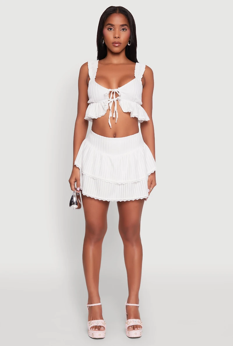 Womens Haute Monde Shadow Stripe Tiered Skirt with Lace Detail, White, Size L