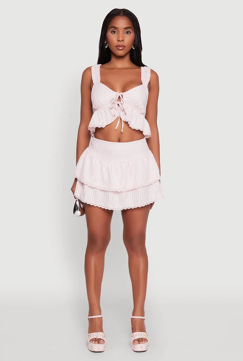 Womens Haute Monde Shadow Stripe Tiered Skirt with Lace Detail, Pink, Size M
