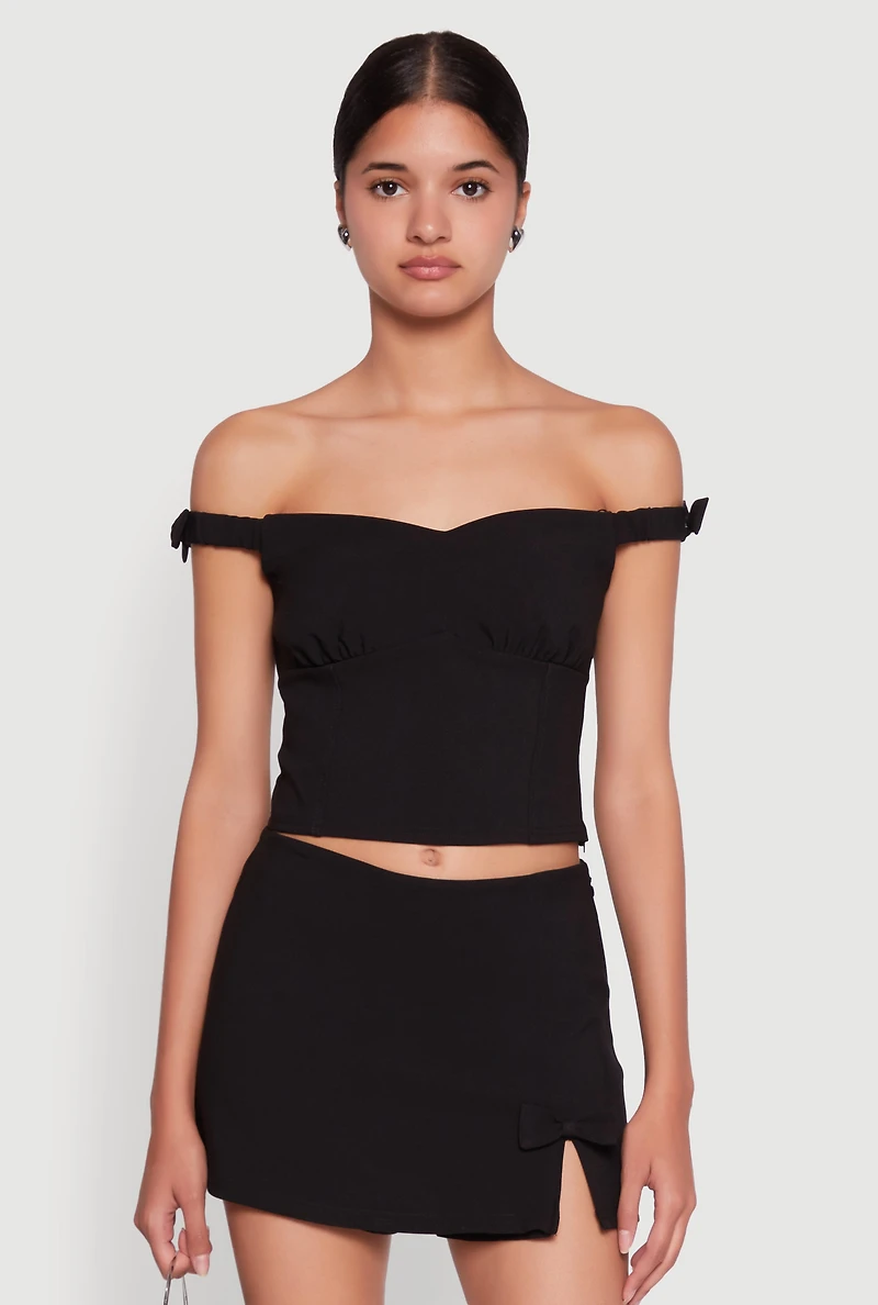 Womens Iris Bow Detail Cropped Off The Shoulder Bustier Top, Black, Size S